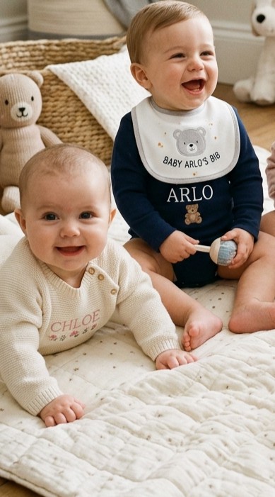 Happy babies wearing custom personalized clothes