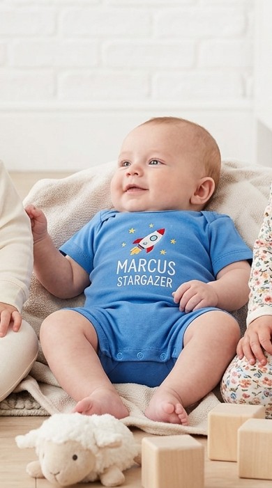 Happy babies wearing custom personalized clothes